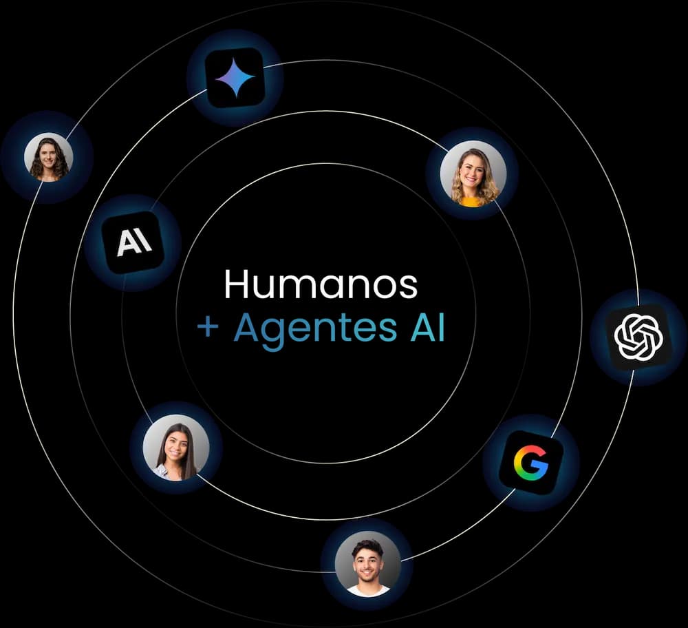 Ilustración circular que representa la colaboración entre humanos y agentes de IA